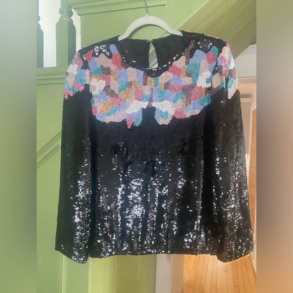 Vintage Sequin Beaded embellished Multicolor Black Evening 80s Blouse - Picture 2 of 12